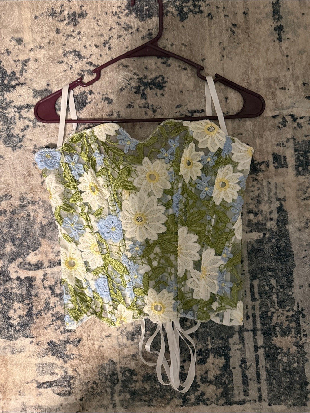 Floral Lace Corset Tank Top - Green & White